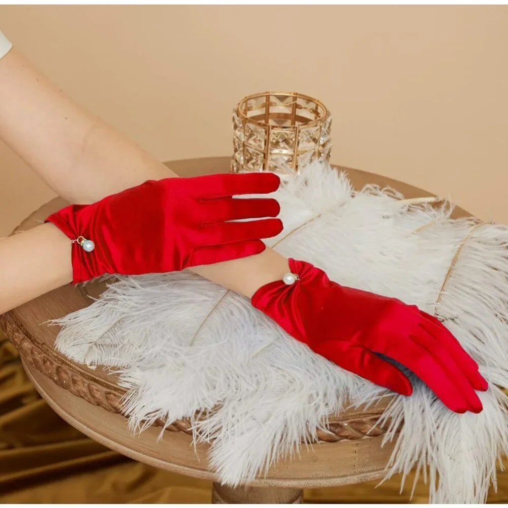 Women's Dark Red Floral Lace Gloves Elegant Wrist Bridal Wedding Dinner Party